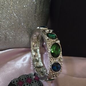 Elegant Silver Bracelet with Green and Blue Stones